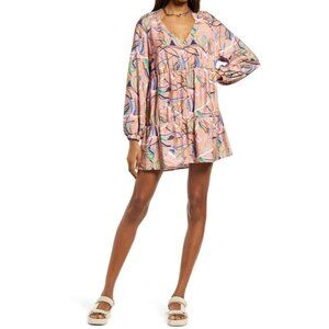 Open Edit Womens Long Sleeve Tiered Babydoll Dress Abstract Graphic Print size L